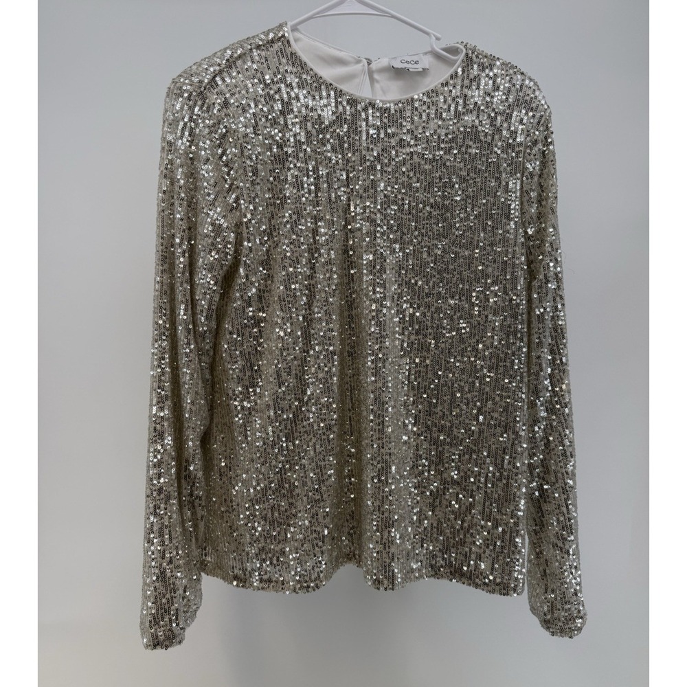 CeCe womens M champagne silver siequin stretch round neck long sleeve formal